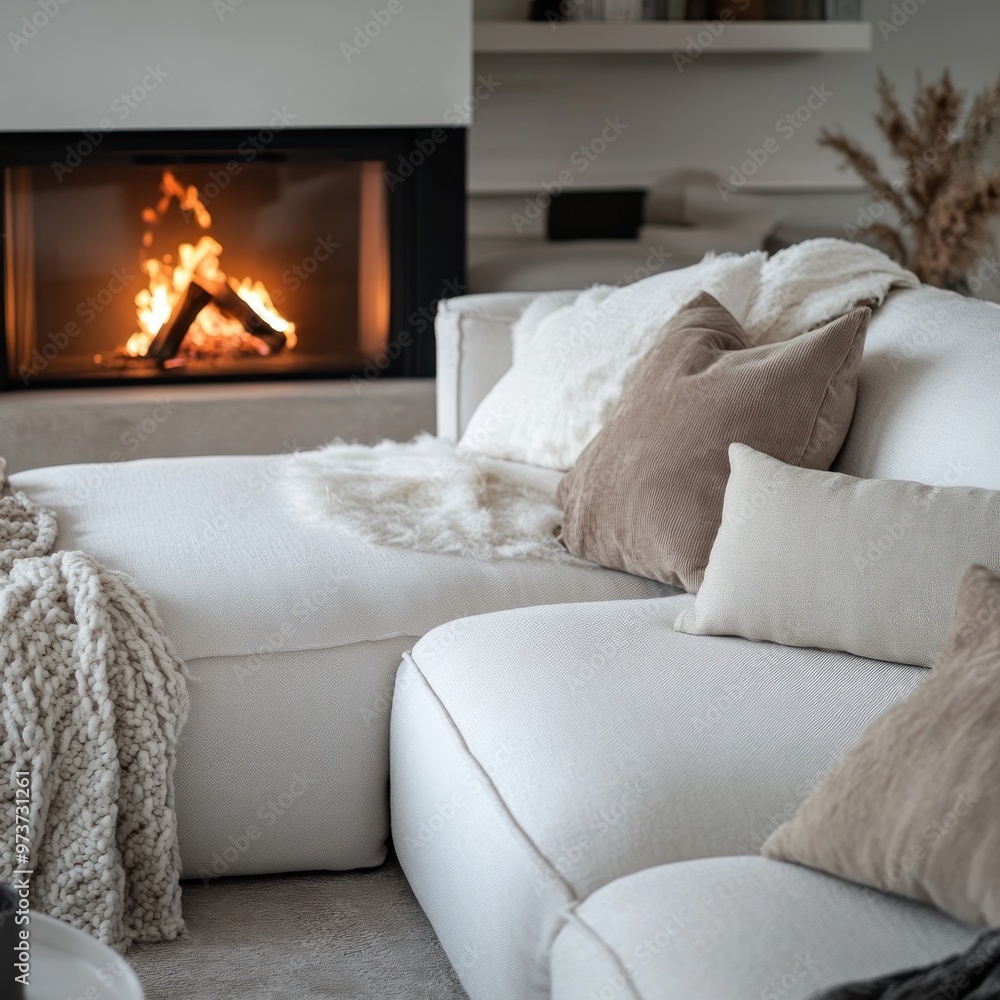 Fototapeta premium White Sofa by the Fireplace