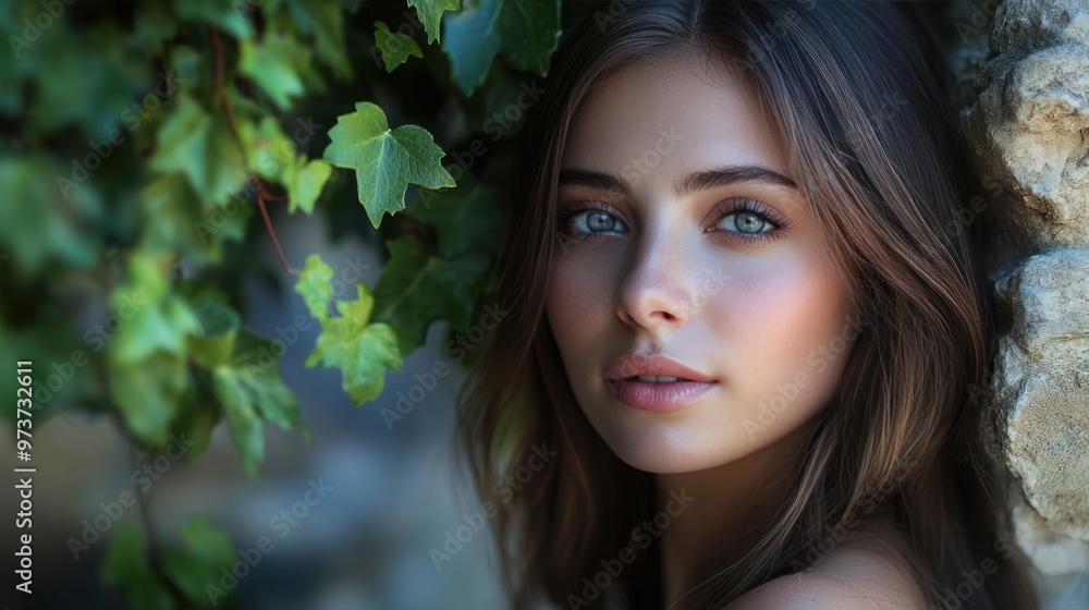 A Croatian woman with natural makeup and a serene expression, standing by a stone wall with ivy cascading around her A Croatian woman with natural makeup and a serene expression, standing by a stone wall with ivy cascading around her