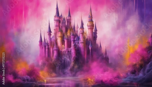 A fairytale castle in a pink haze