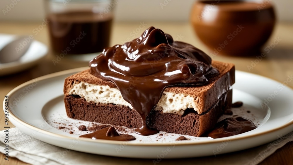 Indulgence in every bite Chocolate dessert with a rich creamy topping Indulgence in every bite Chocolate dessert with a rich creamy topping