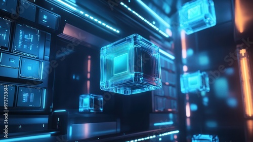 A digital storage concept featuring floating holographic data cubes inside a secure, illuminated digital vault