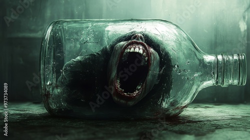 A person trapped inside a bottle, screaming but unheard photo