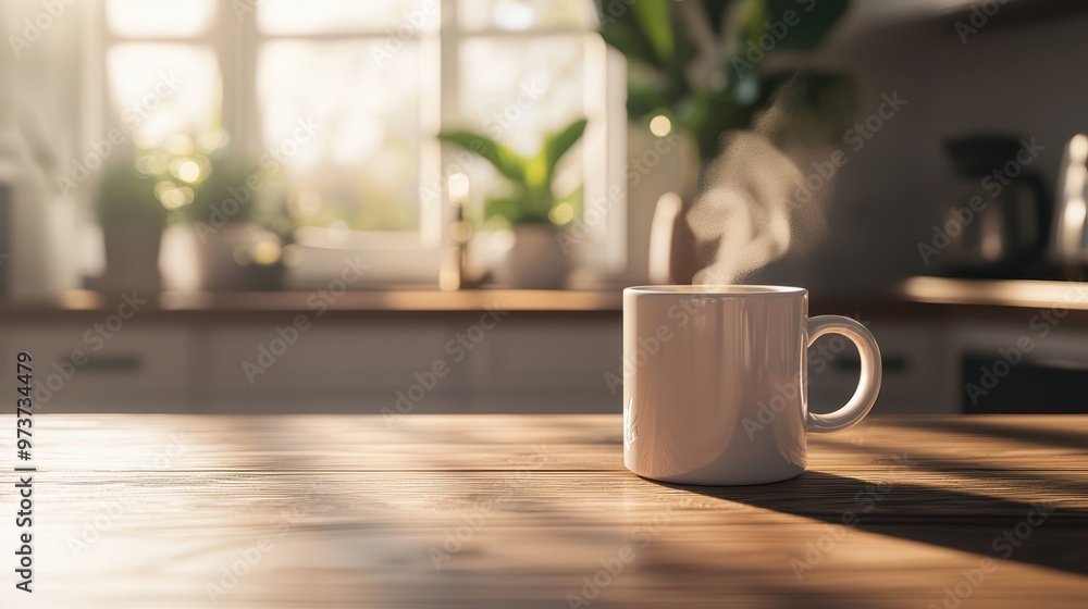 Cozy Morning Scene with Steaming Coffee Mug on Wooden Table in Sunlit Kitchen Cozy Morning Scene with Steaming Coffee Mug on Wooden Table in Sunlit Kitchen
