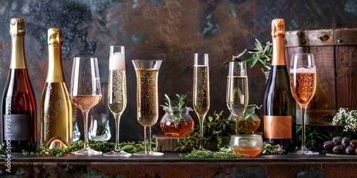 Assorted Sparkling Beverages Featuring Champagne, Prosecco, and White Sparkling Wine with Carbonated Drinks, Served in Champagne Glasses Alongside Herbs on a Buffet Table photo