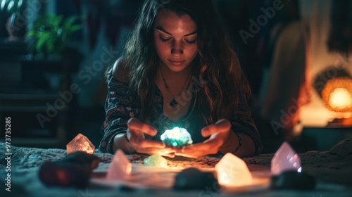 A healer using crystals and natural elements for energy healing, the light catching the facets of the crystals photo