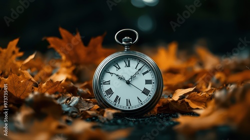 Wallpaper Mural Vintage Pocket Watch on Autumn Leaves with Roman Numerals and Warm Lighting Torontodigital.ca