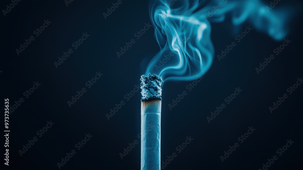 Close-Up of a Lit Cigarette with Smoke Against a Dark Background in a Studio Setting Close-Up of a Lit Cigarette with Smoke Against a Dark Background in a Studio Setting