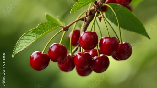  Bountiful harvest of red cherries on a tree branch