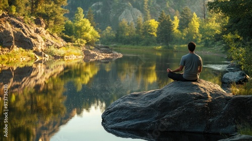 A man in a meditative pose, sitting cross-legged on a large rock by a calm river, reflecting the surrounding nature