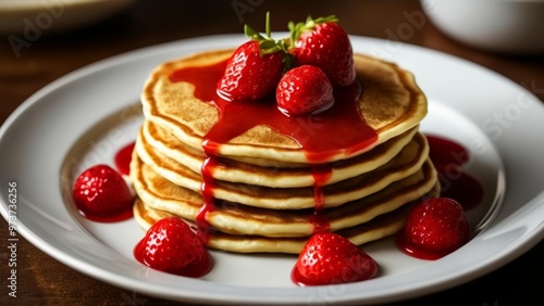  Deliciously stacked pancakes with fresh strawberries and syrup