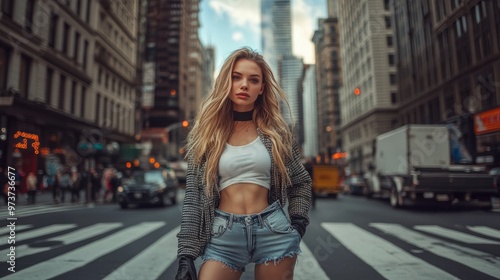 A modern girl in a sexy street style, posing dramatically on a crosswalk in a busy urban setting