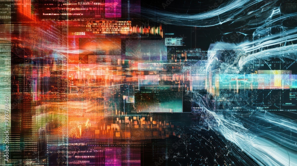 A multimedia presentation background featuring dynamic digital elements, including video frames, sound waves, and data streams A multimedia presentation background featuring dynamic digital elements, including video frames, sound waves, and data streams
