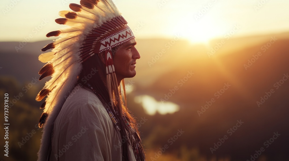 Fototapeta premium A Native American man in a feathered headdress, standing on a hill overlooking a valley, his face illuminated by the morning sun