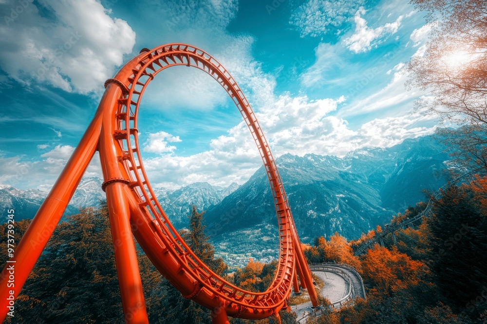 Red Rollercoaster Loop Against a Mountainous Landscape Red Rollercoaster Loop Against a Mountainous Landscape