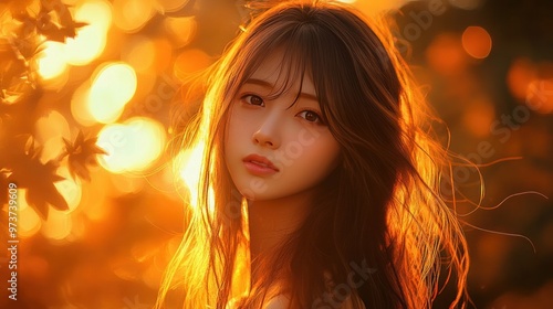 A portrait of a pretty Japanese girl with long, flowing hair, softly illuminated by warm evening light