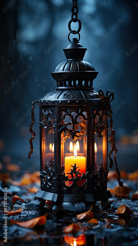 Ornate lantern glows in the rain Ornate lantern glows in the rain