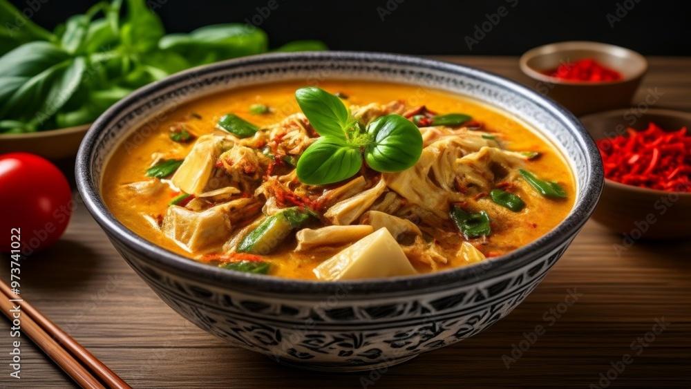 Delicious Thai soup with basil and chili garnish Delicious Thai soup with basil and chili garnish