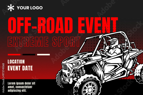 4x4 suv car, off road quad racing event competition with black red background poster banner modern design template for extreme sport and adventure