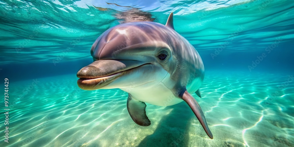 Fototapeta premium Adorable bottlenose dolphin swims playfully in turquoise waters, its sleek gray body and dorsal fin gleaming in the