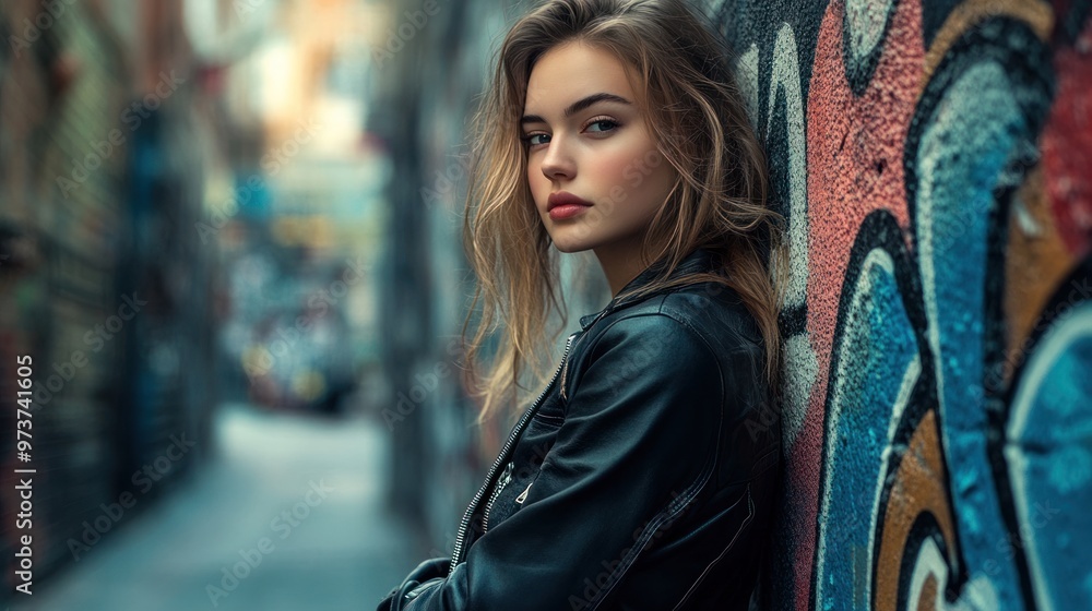 Obraz premium A sexy girl wearing a stylish leather jacket, leaning against a graffiti-covered wall in a dimly lit alley