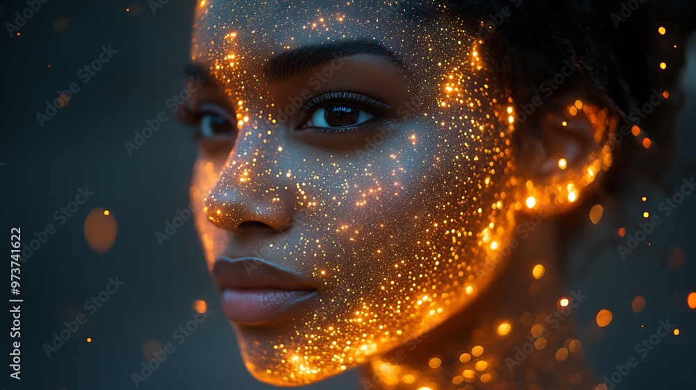 A close-up of a woman's face adorned with glowing sparkles. A close-up of a woman's face adorned with glowing sparkles.