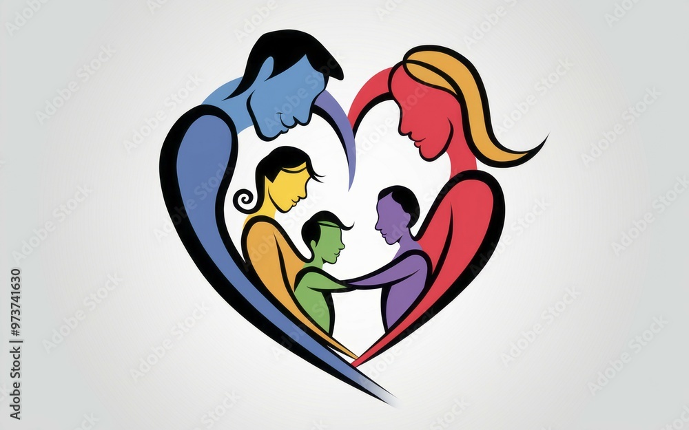 Obraz premium Family heart symbol. Colorful family silhouettes in heart shape, representing love, unity, and togetherness.