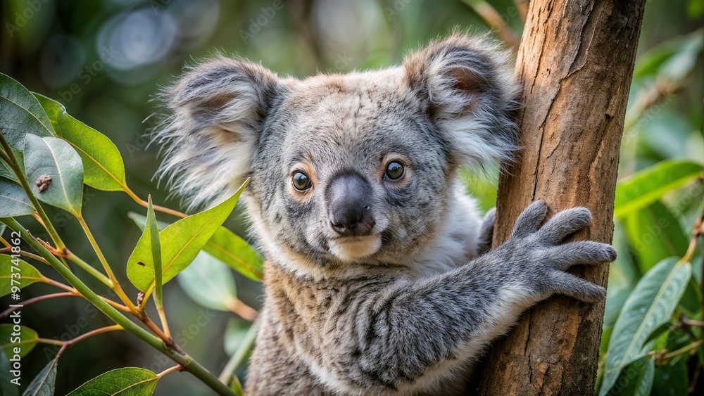 Fototapeta premium Adorable koala climbing a tree surrounded by lush green leaves in a natural habitat