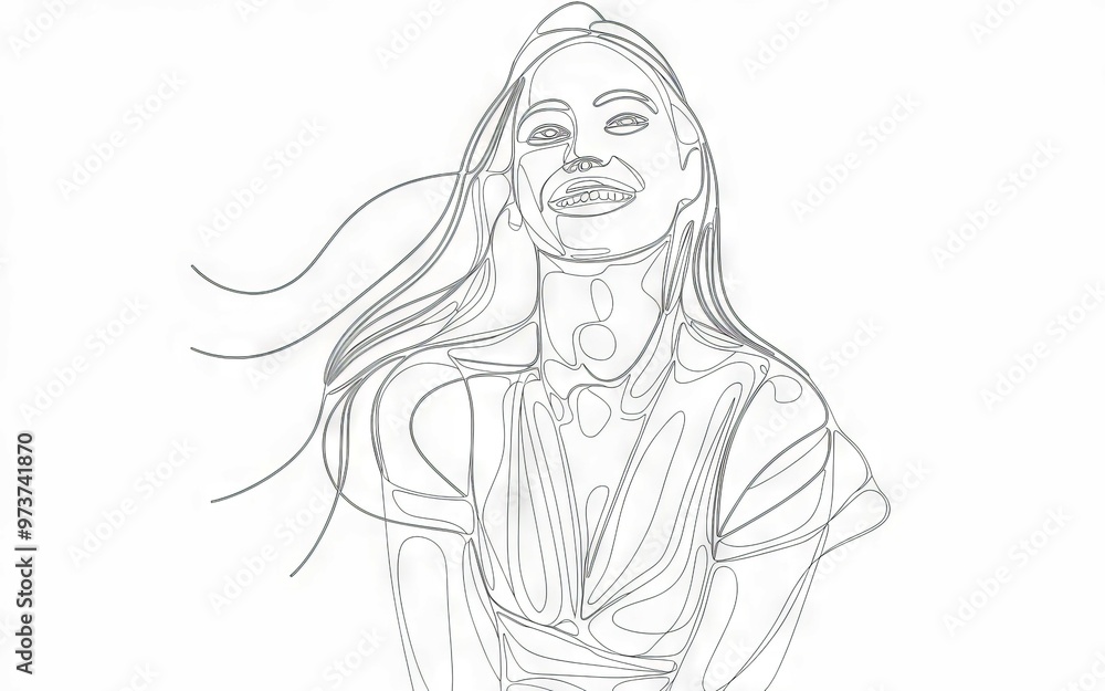 Happy woman line art. Line art illustration of a woman with flowing hair, smiling happily and looking up. Joyful and carefree. Happy woman line art. Line art illustration of a woman with flowing hair, smiling happily and looking up. Joyful and carefree.