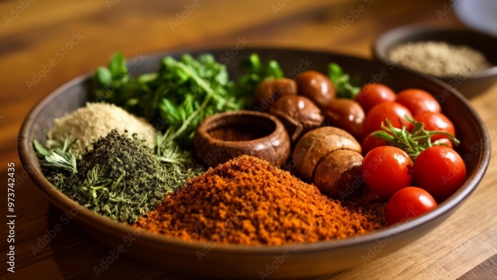 A vibrant medley of fresh ingredients and spices ready to create a flavorful dish A vibrant medley of fresh ingredients and spices ready to create a flavorful dish