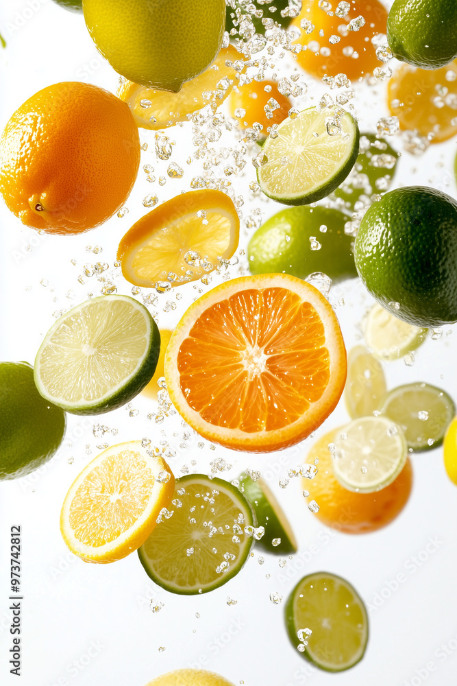 Citrus Splash: A symphony of refreshing citrus fruits, including lemons, limes, and oranges, dance amidst cascading water droplets, capturing the essence of summer and invigorating flavors. Citrus Splash: A symphony of refreshing citrus fruits, including lemons, limes, and oranges, dance amidst cascading water droplets, capturing the essence of summer and invigorating flavors.