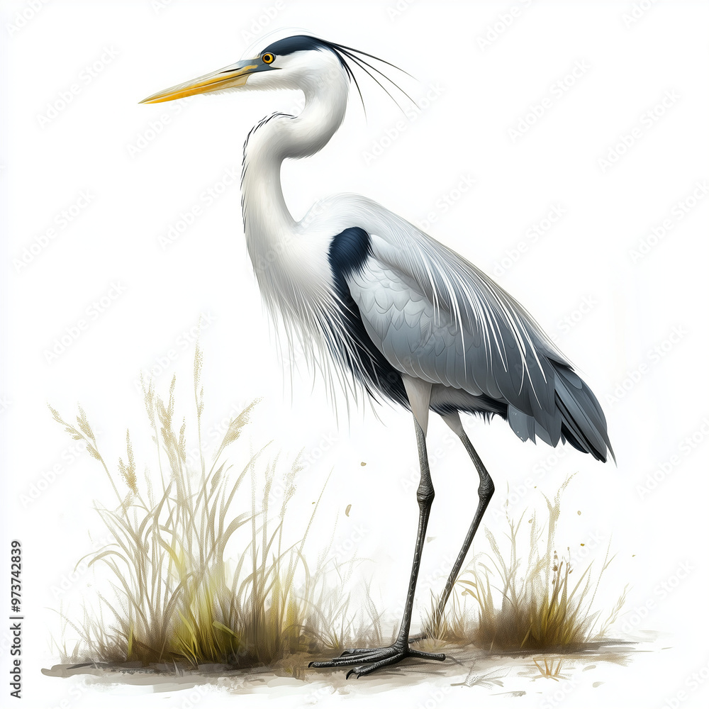 Obraz premium Great Blue Heron in a Serene Landscape: A majestic Great Blue Heron stands tall in a serene landscape, its elegant plumage and sharp gaze capturing the essence of grace and tranquility. 
