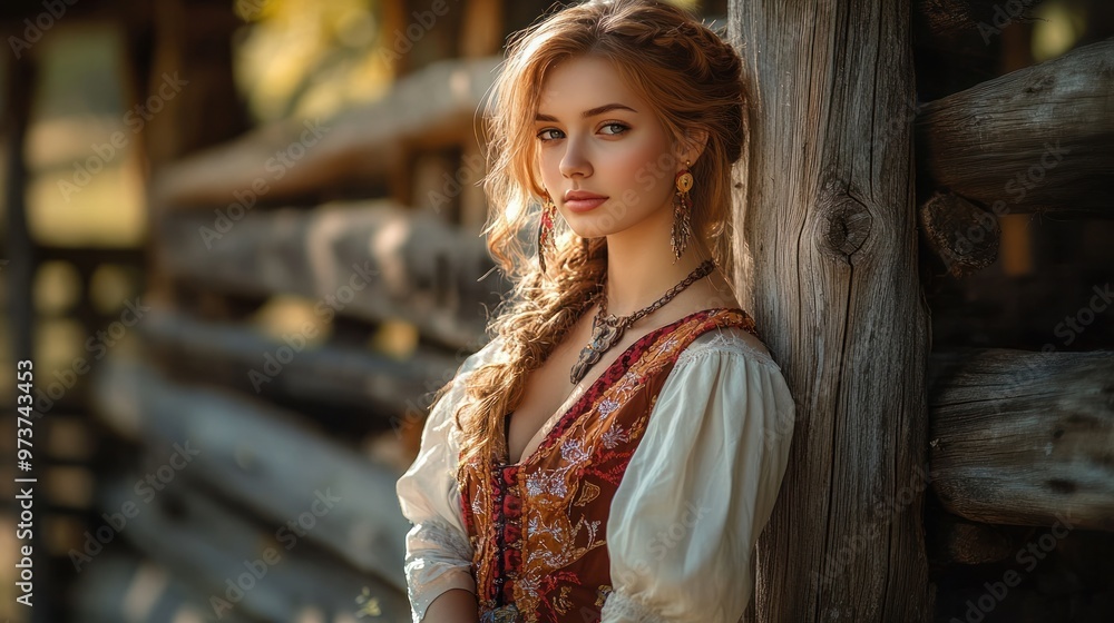 A young Croatian woman in a revealing folklore outfit, leaning against a wooden fence with a captivating gaze A young Croatian woman in a revealing folklore outfit, leaning against a wooden fence with a captivating gaze