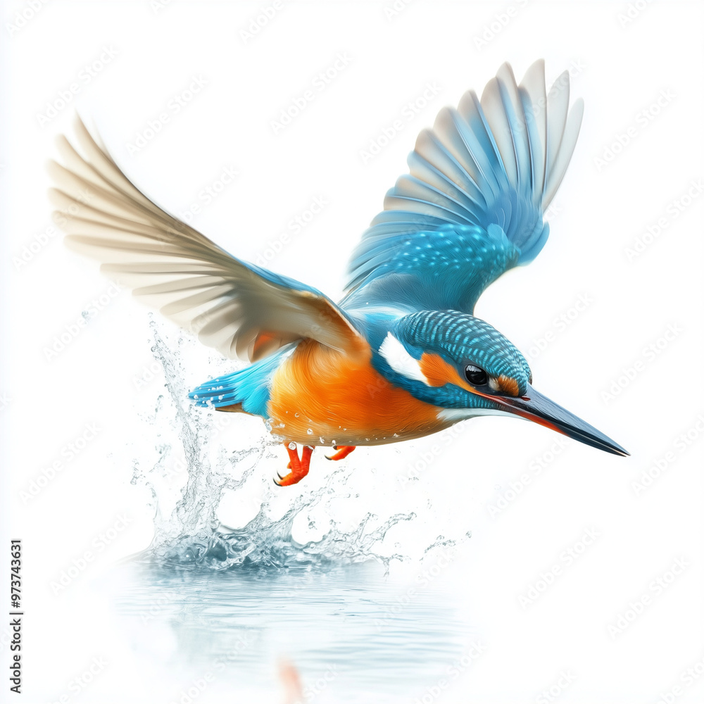Fototapeta premium Kingfisher's Splashdown: A vibrant kingfisher dives towards water, wings outstretched, creating a splash