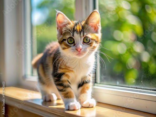 Adorable calico kitten with distinctive white, orange, and black fur patterns playfully pounces on a sunny windowsill, photo