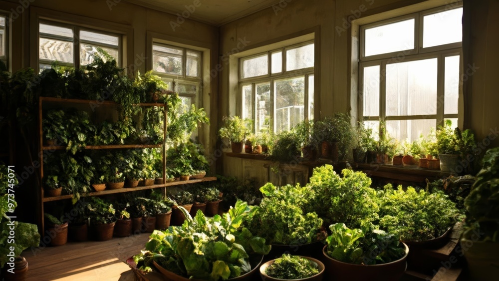 Bright and airy greenhouse filled with lush greenery Bright and airy greenhouse filled with lush greenery
