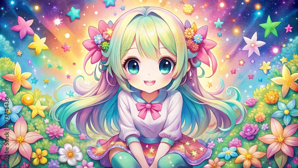 Adorable cartoonish anime-inspired girl with large sparkling eyes, colorful hair, and sweet smile, sitting cross-legged Adorable cartoonish anime-inspired girl with large sparkling eyes, colorful hair, and sweet smile, sitting cross-legged