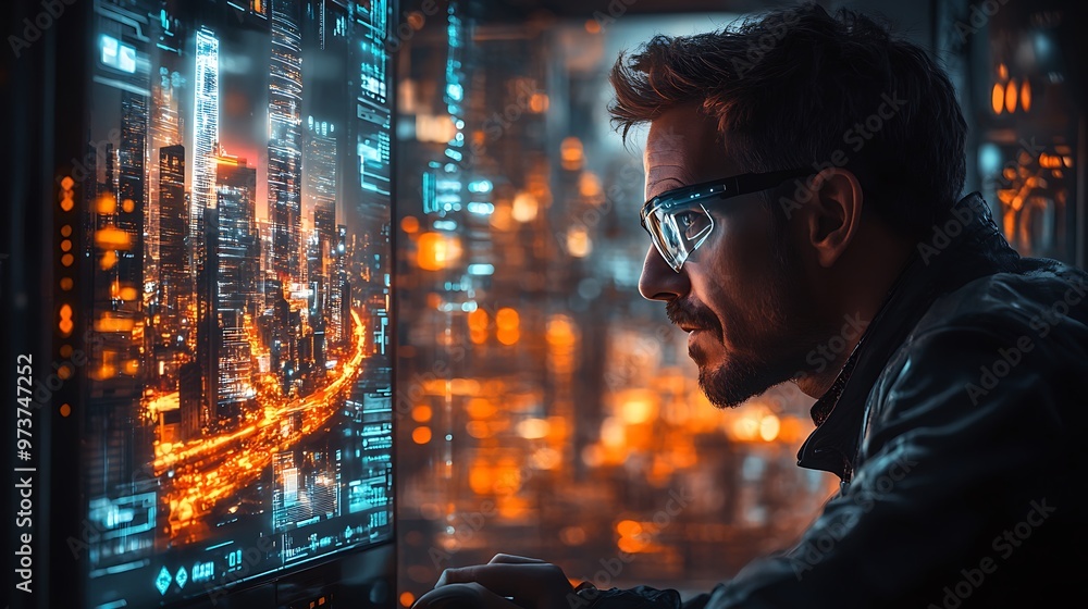 A focused individual analyzes a futuristic cityscape on screens. A focused individual analyzes a futuristic cityscape on screens.