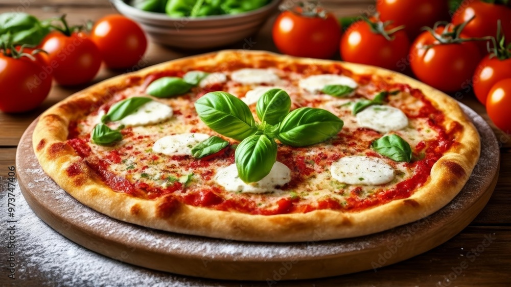 Freshly baked Margherita pizza with basil and mozzarella ready to be served Freshly baked Margherita pizza with basil and mozzarella ready to be served