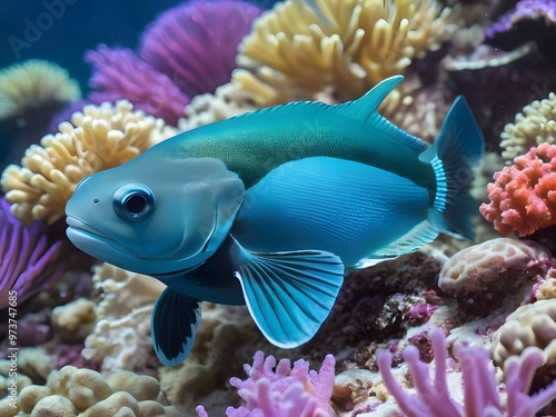 Colorful fish swimming among vibrant coral reefs in a clear ocean during daylight hours. Generative AI