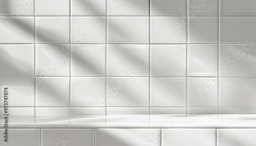 White tiled wall with shelf