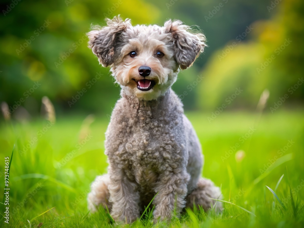 Adorable curly-haired Pumi dog with bright brown eyes and a playful demeanor sits on a lush green meadow, Adorable curly-haired Pumi dog with bright brown eyes and a playful demeanor sits on a lush green meadow,