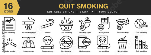 Quit Smoking icon set. Editable Stroke Icon Collection. Includes broke smoke, lung cancer, no cigarette, and More. Outline icons vector collection.