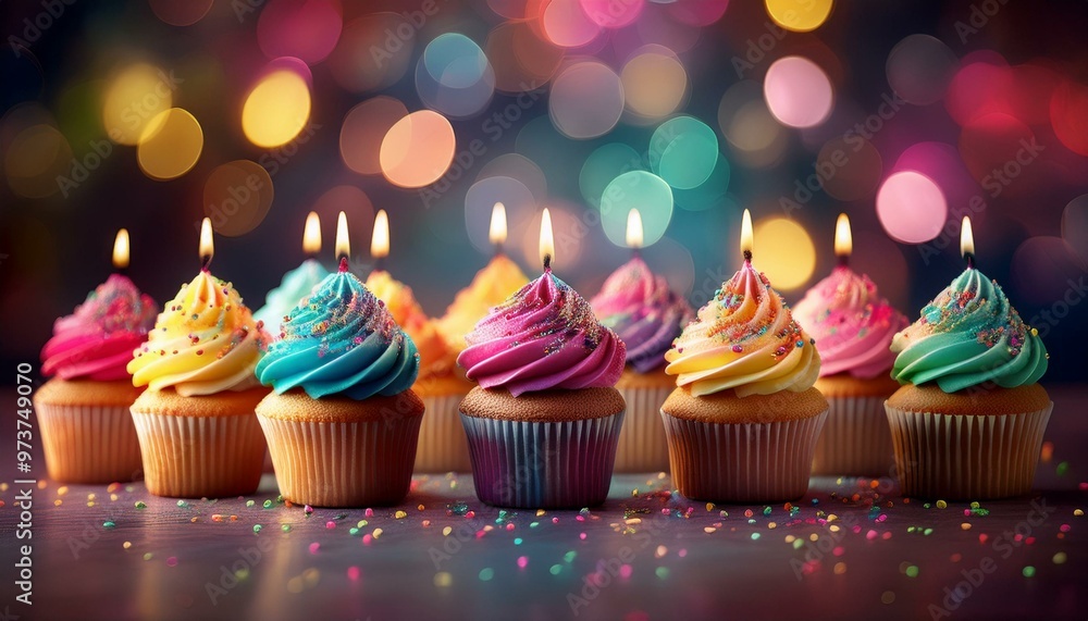 A joyful birthday scene with a plate of vibrant, colorful cupcakes. Each cupcake is uniquely decorated, creating a cheerful display that adds a playful touch to any festive celebration. A joyful birthday scene with a plate of vibrant, colorful cupcakes. Each cupcake is uniquely decorated, creating a cheerful display that adds a playful touch to any festive celebration.