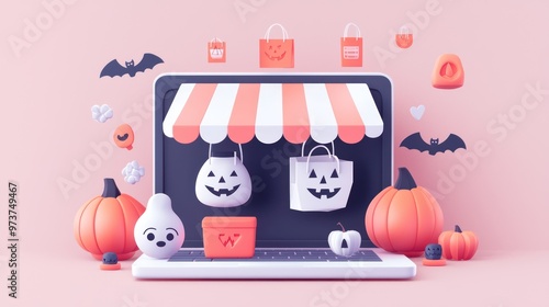 Spooky Savings Popup! Laptop Showing Halloween Discount Offers, Online Shopping Scene in Flat Design Illustration photo