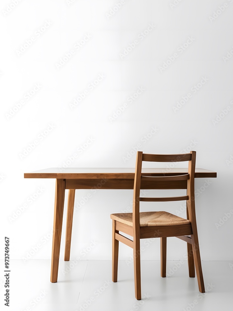 Modern wooden table with a simple chair against a minimalist white wall in a well-lit room during daylight. Generative AI Modern wooden table with a simple chair against a minimalist white wall in a well-lit room during daylight. Generative AI