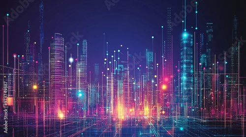 14. A vibrant smart city scene with tall buildings, highlighted by abstract dots and lines representing the intricate network of big data connections