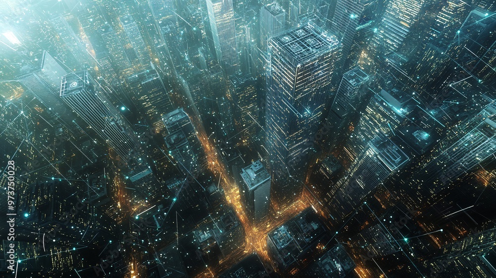 15. A high-tech cityscape with imposing skyscrapers, overlaid with a complex pattern of dots and lines depicting smart city and big data connectivity 15. A high-tech cityscape with imposing skyscrapers, overlaid with a complex pattern of dots and lines depicting smart city and big data connectivity