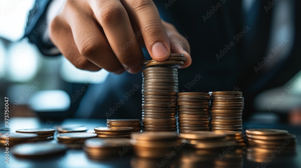 Close up Of Businessman Hand Put Coins To Stack Of Coins
