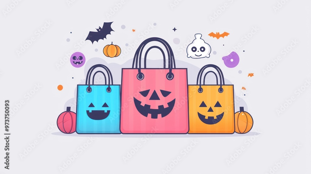 Online Shopping for Festive Trick-or-Treat Bags - Flat Design Illustration of Virtual Store Interface with Halloween Accessories Online Shopping for Festive Trick-or-Treat Bags - Flat Design Illustration of Virtual Store Interface with Halloween Accessories