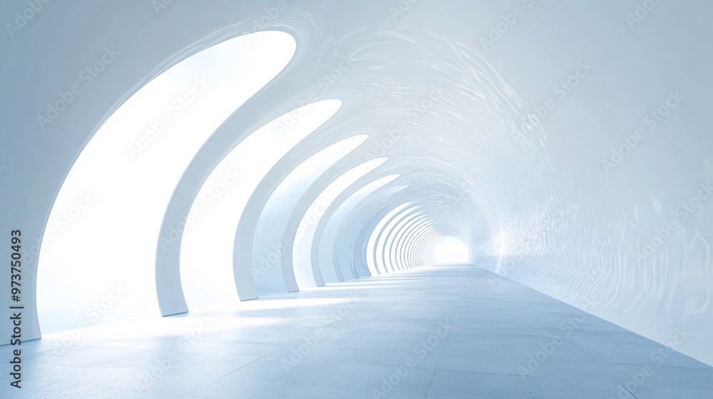 Naklejka premium 22. An abstract interior view of a white tunnel corridor, with smooth, curved geometric frames in a 3D rendering, ideal for trade show backgrounds